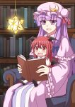  2girls :d absurdres blush book bookshelf chair crescent crescent_hat_ornament feet_out_of_frame hair_ribbon happy hat hat_ornament head_wings highres holding indoors koakuma library long_hair long_sleeves multiple_girls open_book open_mouth patchouli_knowledge piaoluo_de_ying_huaban purple_hair reading red_eyes redhead ribbon sitting sitting_on_lap sitting_on_person smile touhou violet_eyes wings 