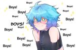  1boy angry artist_request bare_shoulders blue_hair breasts closed_mouth crop_top english_text frown green_eyes indie_virtual_youtuber linechu male_focus multicolored_hair otoko_no_ko short_hair virtual_youtuber wavy_hair white_background 