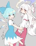  2girls ahoge bangs blue_bow blue_dress blue_eyes blue_hair bow cigarette cirno commentary_request cropped_legs dated dress feet_out_of_frame fujiwara_no_mokou grey_background hair_bow highres ice ice_wings long_hair long_sleeves m_(m073111) multiple_girls one-hour_drawing_challenge open_mouth pants red_eyes red_pants redhead shirt short_hair short_sleeves simple_background smile smoke smoking touhou white_bow white_shirt wings 