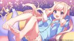  1girl animal_ears ass bangs bare_legs barefoot blue_hoodie bottle cat_ears character_request cup highres hood hoodie indie_virtual_youtuber long_hair long_sleeves open_mouth pink_hair simple_background smile unabara_kairo violet_eyes virtual_youtuber 