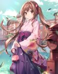 1girl artist_name bag bangs blue_sky blurry blurry_foreground blush breasts brown_eyes brown_hair building clouds commentary_request dated fire_hydrant hair_ribbon hakama hakama_skirt highres holding holding_bag japanese_clothes karory kimono lake leaf light_smile long_hair long_sleeves looking_at_viewer medium_breasts original outdoors pink_kimono pink_ribbon purple_hakama reflection ribbon sidelocks skirt sky solo twintails wide_sleeves 
