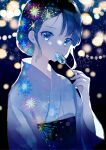  1girl absurdres bangs blue_eyes blue_hair blue_kimono blue_theme braid candy fireworks food hi_to_ba highres japanese_clothes kimono long_hair looking_at_viewer obi original sash solo yukata 