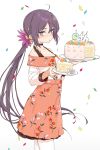  1girl absurdres aka_ringo akebono_(kancolle) anniversary bell cake confetti cowboy_shot floral_print flower food hair_bell hair_flower hair_ornament highres jingle_bell kantai_collection long_hair looking_at_viewer official_alternate_costume pink_skirt purple_hair shirt side_ponytail skirt solo very_long_hair violet_eyes white_background white_shirt 