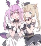  2girls :o alternate_costume animal_ears apron arknights bangs bare_shoulders blue_eyes brown_hair cat_ears cat_girl choker closed_mouth detached_collar dress embarrassed enmaided hand_on_another&#039;s_shoulder hat heterochromia highres long_hair maid maid_apron manticore_(arknights) multiple_girls nightmare_(arknights) nightmare_(light_and_shadow)_(arknights) off-shoulder_dress off_shoulder official_alternate_costume official_alternate_hairstyle purple_hair red_(girllove) side_ponytail simple_background twintails violet_eyes white_background wing_ears yellow_eyes 