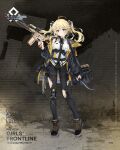  1girl ammunition_pouch artist_request bag bangs battle_rifle black_footwear black_pants blonde_hair blue_eyes blue_jacket boots breasts character_name closed_mouth copyright_name eyebrows_visible_through_hair full_body girls_frontline gun hair_ribbon highres holding holding_knife holding_weapon id_card jacket knee_pads knife larue_tactical_obr looking_at_viewer machete medium_breasts medium_hair mod3_(girls&#039;_frontline) obr_(girls&#039;_frontline) official_art open_clothes open_jacket pants pouch promotional_art ribbon rifle shirt smile sniper_rifle solo standing torn_clothes torn_pants twintails weapon white_shirt 