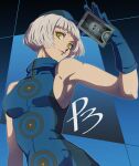  1girl armpits bangs blue_background blue_dress blue_gloves blue_headwear blunt_bangs breasts closed_mouth commentary copyright_name death_(tarot) dress elizabeth_(persona) eyelashes gloves grey_hair hat highres lips looking_at_viewer medium_breasts persona persona_3 ringed_eyes short_hair sleeveless sleeveless_dress smile solo tarot taut_clothes taut_dress turtleneck_dress umenituru upper_body yellow_eyes 