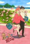  1girl 2boys 6+others beach brown_footwear fujimoto_(ponyo) gake_no_ue_no_ponyo highres multiple_boys multiple_others orange_hair ponyo ryosuketarou short_hair skirt sousuke_(ponyo) studio_ghibli water 