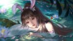  1girl absurdres animal_ears brown_hair douluo_dalu douluo_dalu_xiaowu_zhuye flower highres leaning lily_pad looking_at_viewer lotus petals ponytail rabbit_ears solo submerged upper_body water wet xiao_wu_(douluo_dalu) 