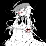  1girl :d arms_at_sides bleeding blood blood_from_eyes blood_on_face blouse buttons commentary crying crying_with_eyes_open diamond_button frilled_shirt_collar frills greyscale hair_between_eyes hair_over_one_eye hat higa423 highres injury komeiji_koishi long_hair looking_at_viewer monochrome open_mouth shirt skirt sleeves_past_fingers sleeves_past_wrists smile solo spot_color tears third_eye touhou upper_body very_long_hair very_long_sleeves wide-eyed 