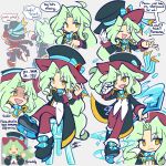  2boys absurdres bangs black_headwear blush brown_eyes character_request closed_eyes closed_mouth english_text eyebrows_visible_through_hair green_hair hat highres leslietheluna long_hair long_sleeves looking_at_viewer looking_away meme multiple_boys open_mouth parted_bangs puyopuyo sans_(puyo_puyo) short_hair sickos_(meme) smile speech_bubble top_hat 