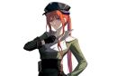  1girl absurdres alternate_costume arknights bagpipe_(arknights) black_gloves black_headwear collared_shirt dragon_horns eyebrows_visible_through_hair gloves hand_on_hip hat highres horns long_hair long_sleeves looking_at_viewer military military_uniform orange_hair parted_lips peaked_cap ponytail qinglai_haiji shirt sidelocks simple_background solo uniform very_long_hair violet_eyes white_background white_shirt 