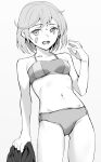  1girl bandaid bandaid_on_face bikini covered_navel cowboy_shot greyscale highres kantai_collection leaning_back monochrome navel oboro_(kancolle) open_mouth shingyou_(alexander-13) short_hair solo standing swimsuit 