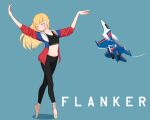  1girl aircraft atamonica ballerina blonde_hair closed_eyes commentary dancing english_commentary english_text full_body highres jacket long_hair military navel open_clothes original outstretched_arms pointy_ears russian_flag simple_background solo sports_bra stretch su-30 