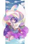  1girl blue_eyes blue_hair boots cape cloud_print clouds cloudy_sky commentary dated full_body headband highres legs_folded long_sleeves looking_at_viewer m_(neteitai10) multicolored_clothes patchwork_clothes pouch puffy_long_sleeves puffy_sleeves purple_footwear rainbow_gradient short_hair signature sky smile solo tenkyuu_chimata touhou white_cape zipper_dress 