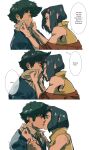  absurdres closed_eyes cowboy_bebop faye_valentine hairband hetero highres kiss lipstick looking_at_another makeup orange_hairband simple_background sona_(mmediocreman) spike_spiegel spiky_hair white_background 