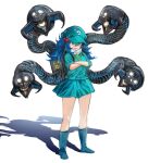  1girl :d backpack bag blue_eyes blue_footwear blue_headwear blue_skirt boots copyright_request crossed_arms fang full_body grin highres kawashiro_nitori marvel mechanical_tentacles miniskirt okbnkn simple_background skirt smile solo tentacles touhou white_background 