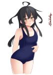  1girl ahoge arms_behind_back black_hair blue_swimsuit collarbone cowboy_shot flat_chest hair_between_eyes hand_on_own_stomach highres ishida_arata jitome kantai_collection long_hair looking_at_viewer mikazuki_(kancolle) school_swimsuit signature simple_background smile solo swimsuit twitter_username white_background yellow_eyes 