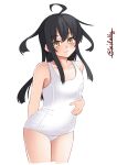  1girl ahoge arms_behind_back black_hair collarbone cowboy_shot flat_chest hair_between_eyes hand_on_own_stomach highres ishida_arata jitome kantai_collection long_hair looking_at_viewer mikazuki_(kancolle) school_swimsuit signature simple_background smile solo swimsuit twitter_username white_background white_swimsuit yellow_eyes 