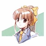  1girl blazer blue_jacket bow brown_eyes brown_hair collared_shirt eyebrows_visible_through_hair hair_behind_ear hair_bow jacket looking_to_the_side mizunagi_koubou necktie ponytail portrait saiko_yuki shirt silent_moebius sketch smile solo white_shirt yellow_bow yellow_necktie 