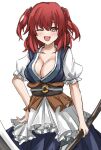  1girl ;d bangs eyebrows_visible_through_hair fang hair_bobbles hair_ornament highres holding holding_scythe looking_at_viewer o-ring obi one_eye_closed onozuka_komachi open_mouth ramiki red_eyes redhead sash scythe simple_background skin_fang smile solo touhou two_side_up white_background 