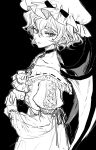  1girl ascot bat_wings collar collared_shirt expressionless frilled_shirt_collar frilled_sleeves frills from_side greyscale hair_between_eyes hat highres long_sleeves looking_at_viewer looking_to_the_side mob_cap monochrome own_hands_together parted_lips remilia_scarlet ribbon ribbon_trim shirt short_hair skirt skirt_set solo t20210325 touhou tsurime upper_body wings 