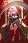  1girl absurdres black_dress breasts cape crossed_legs dress grin hand_in_own_hair high_heels highres hololive hololive_english knbd large_breasts mori_calliope pink_eyes pink_hair scythe single_thighhigh sitting smile thigh-highs throne tiara veil virtual_youtuber 
