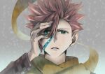  1boy achrocide blue_eyes green_eyes grey_background hair_between_eyes hand_up heterochromia id_:invaded looking_at_viewer male_focus redhead scarf solo spiky_hair yellow_scarf 