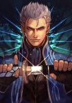 1boy black_gloves blue_eyes closed_mouth devil_may_cry devil_may_cry_(series) fingerless_gloves glint gloves grey_hair hands_up hankuri holding holding_sword holding_weapon looking_at_viewer male_focus scabbard sheath short_hair solo sword unsheathing vergil vergil_(devil_may_cry) weapon