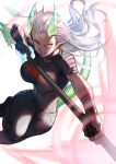  1girl breasts dragon_horns dragon_tail green_eyes hinoru_saikusa holding holding_weapon horns large_breasts long_hair original pointy_ears solo tail weapon white_background white_hair 