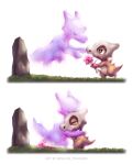  bouquet bright_pupils brown_eyes closed_eyes commentary crack crying cubone english_commentary flower grass highres holding holding_bouquet hug kelvin-trainerk marowak no_humans pokemon pokemon_(creature) rock tears white_pupils 