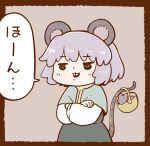  1girl animal_ears basket border buck_teeth capelet commentary_request crossed_arms grey_hair holding holding_with_tail jitome long_sleeves mouse mouse_ears mouse_tail nazrin poronegi prehensile_tail short_hair solo tail teeth touhou translation_request 