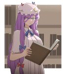  1girl bespectacled blue_bow blue_ribbon book bow closed_mouth collar commentary crescent crescent_hat_ornament expressionless eyebrows_visible_through_hair glasses hair_bow hat hat_ornament hat_ribbon highres holding holding_book long_hair mata_(matasoup) mob_cap open_book patchouli_knowledge purple_hair reading red_bow red_ribbon ribbon semi-rimless_eyewear short_sleeves solo touhou upper_body very_long_hair violet_eyes 