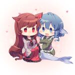 2girls animal_ears blue_eyes brooch brown_hair chibi closed_mouth dress drill_locks full_body green_kimono head_fins highres imaizumi_kagerou japanese_clothes jewelry kemo_chiharu kimono long_hair looking_at_another mermaid monster_girl multiple_girls open_mouth red_dress red_eyes short_hair tears touhou two-tone_dress wakasagihime white_dress wolf_ears