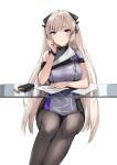  1girl absurdres alternate_costume bangs black_legwear blonde_hair breasts bullet chair closed_mouth commission dress embarrassed eyebrows_visible_through_hair feet_out_of_frame g3_(girls&#039;_frontline) girls_frontline grey_dress hair_ornament hairclip hand_on_own_cheek hand_on_own_face highres long_hair looking_at_viewer magazine_(weapon) medium_breasts mod3_(girls&#039;_frontline) pantyhose paper parted_lips pixiv_request sitting solo table turtleneck uniform violet_eyes white_background zen_juraku 