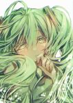  1girl :&lt; absurdres ahoge bangs blush chromatic_aberration close-up closed_mouth commentary eyelashes face green_eyes green_hair hair_between_eyes hand_to_own_mouth hatsune_miku highres long_hair looking_at_viewer musical_note portrait ruki_kurage simple_background solo symbol-only_commentary twintails vocaloid white_background 