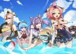 6+girls alternate_costume animal_ears ball bare_arms beachball black_hair blue_hair blue_sky cat_ears closed_eyes clouds dated day diona_(genshin_impact) elbow_gloves ganyu_(genshin_impact) genshin_impact gloves hair_cones hat hu_tao_(genshin_impact) jean_(genshin_impact) keqing_(genshin_impact) multiple_girls ningguang_(genshin_impact) ocean open_mouth pink_hair red_eyes sky smile swimsuit twintails twitter_username violet_eyes vmat white_hair 