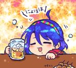  1girl ahoge alcohol bangs beer_mug blue_hair blush chibi closed_eyes commentary_request cup dango drunk eyebrows_visible_through_hair food hair_between_eyes long_sleeves mug multicolored_hairband open_mouth pote_(ptkan) short_hair solo table tenkyuu_chimata touhou translation_request wagashi 