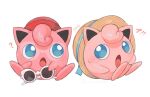  :o ? blue_eyes bright_pupils commentary_request happi_xfyg hat hatted_pokemon holding holding_eyewear jigglypuff no_humans open_mouth pokemon pokemon_(creature) red_headwear sitting tan tanlines tongue white_background white_pupils 