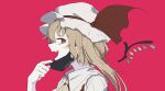  ascot bangs blonde_hair bow character_name collared_shirt crystal detached_wings flandre_scarlet halftone hat hat_bow highres looking_at_viewer looking_to_the_side mask mask_pull mob_cap mouth_mask o_(crazyoton46) one_side_up pink_background red_bow red_eyes red_vest sharp_teeth shirt slit_pupils teeth touhou upper_body upper_teeth vampire_(vocaloid) vest white_shirt wings yellow_ascot 