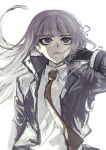  1girl absurdres bangs black_gloves brown_necktie closed_mouth collared_shirt danganronpa:_trigger_happy_havoc danganronpa_(series) floating_hair gloves hair_ribbon hand_up harari highres jacket kirigiri_kyouko long_hair long_sleeves necktie open_clothes open_jacket purple_hair ribbon shirt simple_background solo upper_body violet_eyes white_background white_shirt 