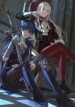  2girls ankle_boots armor ashiwara_yuu ass bangs blue_eyes blue_hair boots breasts bustier byleth_(fire_emblem) byleth_eisner_(female) capelet commentary dagger edelgard_von_hresvelg fire_emblem fire_emblem:_three_houses gloves hair_between_eyes highres interior knee_boots knee_pads knife large_breasts multiple_girls pantyhose patterned_legwear red_eyes red_legwear shoulder_armor single_knee_pad sword sword_of_the_creator tassel throne turtleneck waist_cape weapon white_gloves white_hair 