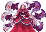  capelet commentary_request demon_wings dress grey_eyes grey_hair hair_bobbles hair_ornament highres infinity layered_skirt light_rays long_hair looking_at_viewer multiple_wings nukekip purple_wings red_dress ribbon shinki_(touhou) side_ponytail skirt solo touhou touhou_(pc-98) transparent_background turtleneck white_wings wings 