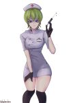  1girl absurdres blue_eyes english_commentary foo_fighters gloves green_hair hat highres jojo_no_kimyou_na_bouken kerbylmaolmao looking_at_viewer nurse nurse_cap open_mouth shaded_face short_hair simple_background solo stone_ocean syringe white_background 