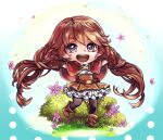  1girl anoushka_russell black_legwear boots brown_footwear brown_hair brown_skirt bush capelet chibi commission dress english_commentary flower grass long_hair open_hands original pantyhose purple_flower red_capelet skirt smile solo very_long_hair violet_eyes white_dress 