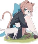  1girl :o ahute animal_ears ankle_socks antenna_hair bangs blue_eyes blush bow brown_hair cat cat_ears cat_girl cat_tail hair_bow heart heart_tail highres hugging_own_legs knees_up large_bow long_hair looking_at_animal looking_to_the_side on_grass original parted_lips pleated_skirt ponytail school_uniform serafuku sitting skirt socks solo tail very_long_hair white_cat 