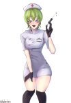  1girl absurdres blue_eyes english_commentary foo_fighters gloves green_hair hat highres jojo_no_kimyou_na_bouken kerbylmaolmao looking_at_viewer nurse nurse_cap open_mouth short_hair simple_background smile solo stone_ocean syringe white_background 