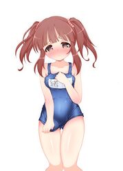  1girl ass_visible_through_thighs bangs blue_swimsuit blunt_bangs blush breasts brown_eyes brown_hair covered_navel hand_on_own_chest highres hosizora_mikoto idolmaster idolmaster_cinderella_girls long_hair name_tag ogata_chieri old_school_swimsuit one-piece_swimsuit school_swimsuit simple_background solo swimsuit swimsuit_tug thigh_gap thighs twintails white_background 