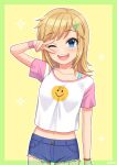  bangs blonde_hair blue_eyes breasts child collarbone commentary_request commission denim denim_shorts dot_nose eyebrows_visible_through_hair eyelashes groin hair_ornament hairclip hand_up highres idolmaster idolmaster_cinderella_girls light_blush looking_at_viewer midriff_peek navel ohtsuki_yui one_eye_closed open_mouth pink_sleeves print_shirt shirt short_hair short_shorts short_sleeves shorts sidelocks skeb_commission small_breasts smile smiley_face solo sparkle t-shirt teeth thighs upper_teeth v wgm_oekaki white_shirt wristband yellow_background younger 