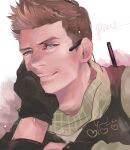  1boy black_gloves brown_hair character_name closed_mouth gloves green_shirt headset looking_at_viewer male_focus piers_nivans resident_evil resident_evil_6 scarf shirt short_hair smile solo spiky_hair upper_body yumi_(soak1111) 
