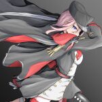  1girl azur_lane bangs black_background black_cape black_headwear blue_eyes cape dress eyebrows_visible_through_hair gloves hair_between_eyes hat highres holding holding_sword holding_weapon long_hair looking_at_viewer looking_to_the_side military military_hat military_uniform peaked_cap pink_hair seydlitz_(azur_lane) solo standing sword uniform unijou_ri weapon white_gloves 